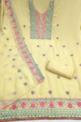 yellow silk blend embroidered unstitched dressmaterials 3 pair top bottom dupptaa