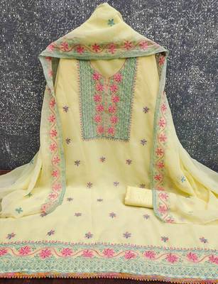 yellow silk blend embroidered unstitched dressmaterials 3 pair top bottom dupptaa 3
