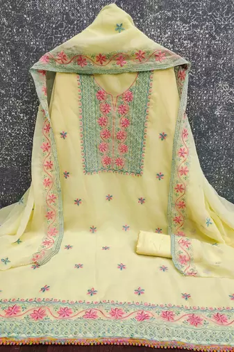 yellow silk blend embroidered unstitched dressmaterials 3 pair top bottom dupptaa