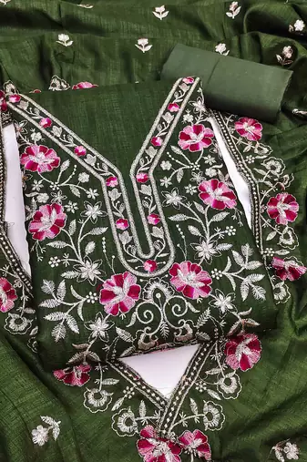 green silk blend embroidered unstitched dressmaterials 3 pair top bottom dupptaa
