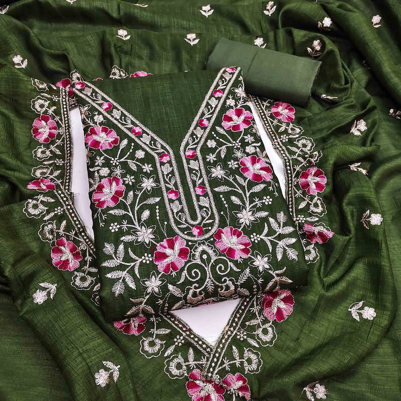 green silk blend embroidered unstitched dressmaterials 3 pair top bottom dupptaa