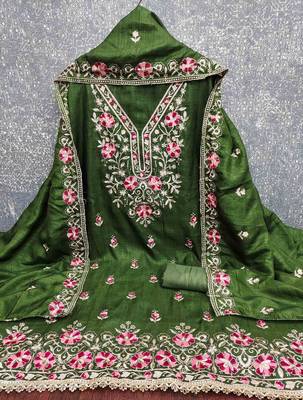 green silk blend embroidered unstitched dressmaterials 3 pair top bottom dupptaa 2