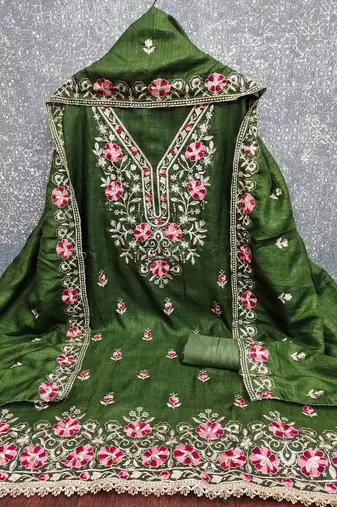 green silk blend embroidered unstitched dressmaterials 3 pair top bottom dupptaa
