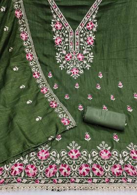 green silk blend embroidered unstitched dressmaterials 3 pair top bottom dupptaa 3