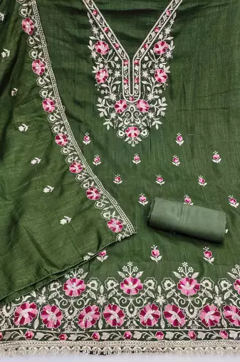green silk blend embroidered unstitched dressmaterials 3 pair top bottom dupptaa