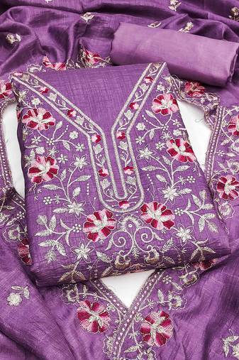 lavender silk blend embroidered unstitched dressmaterials 3 pair top bottom dupptaa