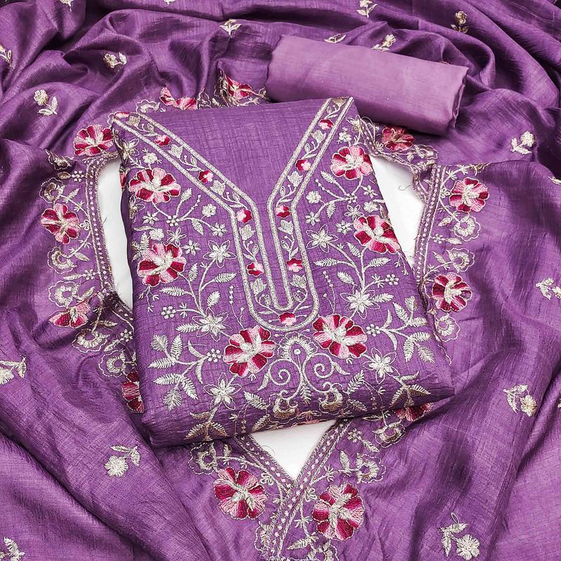 lavender silk blend embroidered unstitched dressmaterials 3 pair top bottom dupptaa