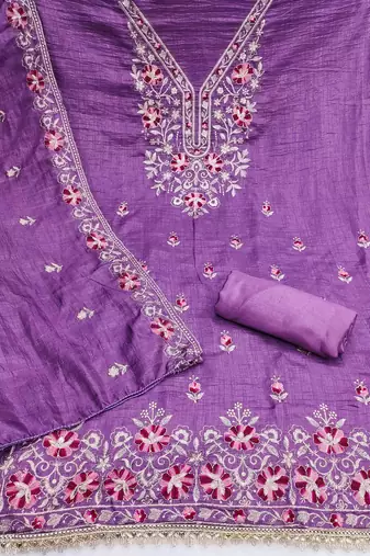 lavender silk blend embroidered unstitched dressmaterials 3 pair top bottom dupptaa