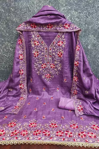 lavender silk blend embroidered unstitched dressmaterials 3 pair top bottom dupptaa