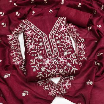 maroon silk blend embroidered unstitched dressmaterials 3 pair top bottom dupptaa 1