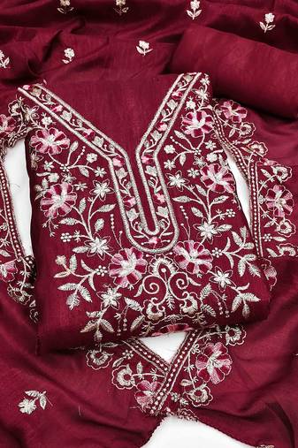 maroon silk blend embroidered unstitched dressmaterials 3 pair top bottom dupptaa