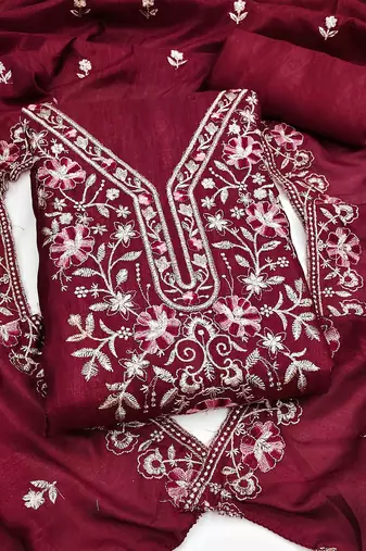 maroon silk blend embroidered unstitched dressmaterials 3 pair top bottom dupptaa