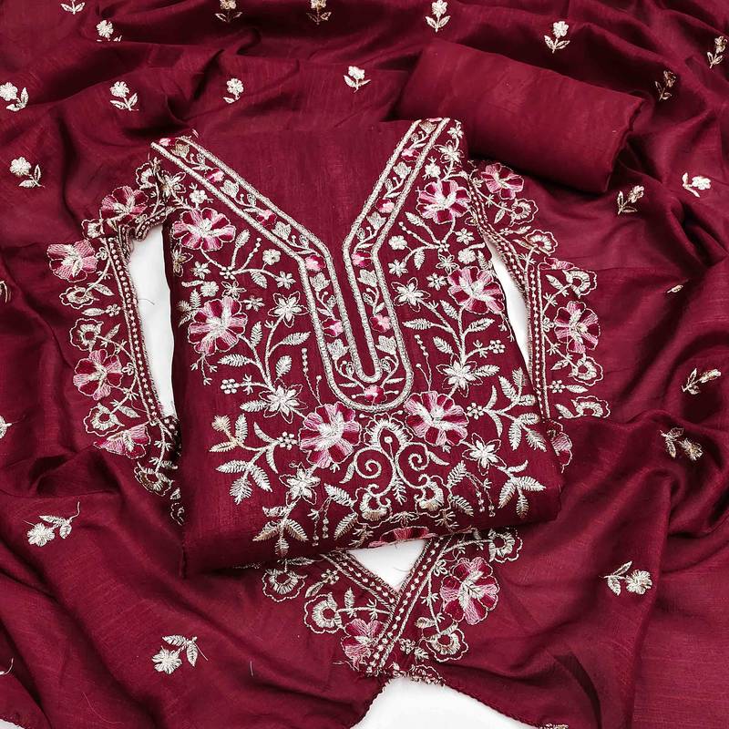 maroon silk blend embroidered unstitched dressmaterials 3 pair top bottom dupptaa
