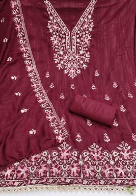 maroon silk blend embroidered unstitched dressmaterials 3 pair top bottom dupptaa 2