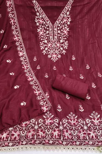 maroon silk blend embroidered unstitched dressmaterials 3 pair top bottom dupptaa