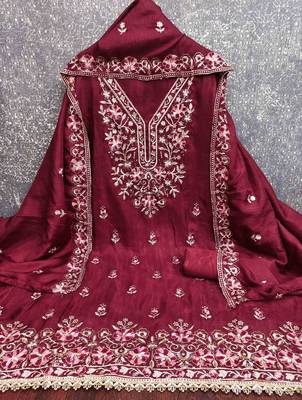 maroon silk blend embroidered unstitched dressmaterials 3 pair top bottom dupptaa 3