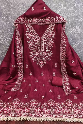 maroon silk blend embroidered unstitched dressmaterials 3 pair top bottom dupptaa