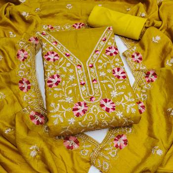yellow silk blend embroidered unstitched dressmaterials 3 pair top bottom dupptaa 1