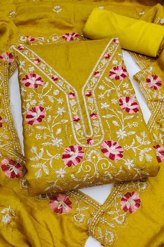 yellow silk blend embroidered unstitched dressmaterials 3 pair top bottom dupptaa