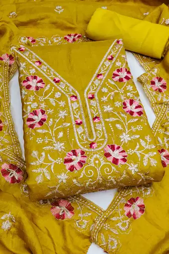 yellow silk blend embroidered unstitched dressmaterials 3 pair top bottom dupptaa