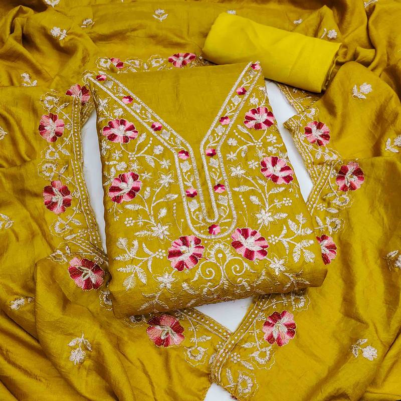 yellow silk blend embroidered unstitched dressmaterials 3 pair top bottom dupptaa