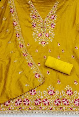 yellow silk blend embroidered unstitched dressmaterials 3 pair top bottom dupptaa 2