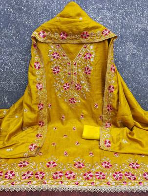 yellow silk blend embroidered unstitched dressmaterials 3 pair top bottom dupptaa 3