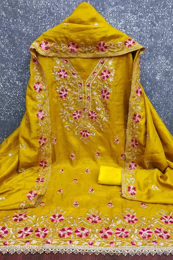 yellow silk blend embroidered unstitched dressmaterials 3 pair top bottom dupptaa