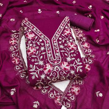 purple silk blend embroidered unstitched dressmaterials 3 pair top bottom dupptaa 1