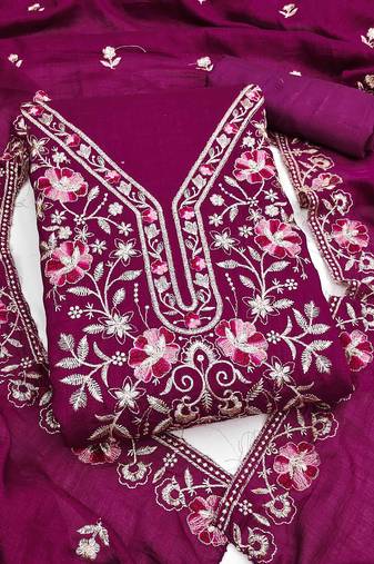 purple silk blend embroidered unstitched dressmaterials 3 pair top bottom dupptaa