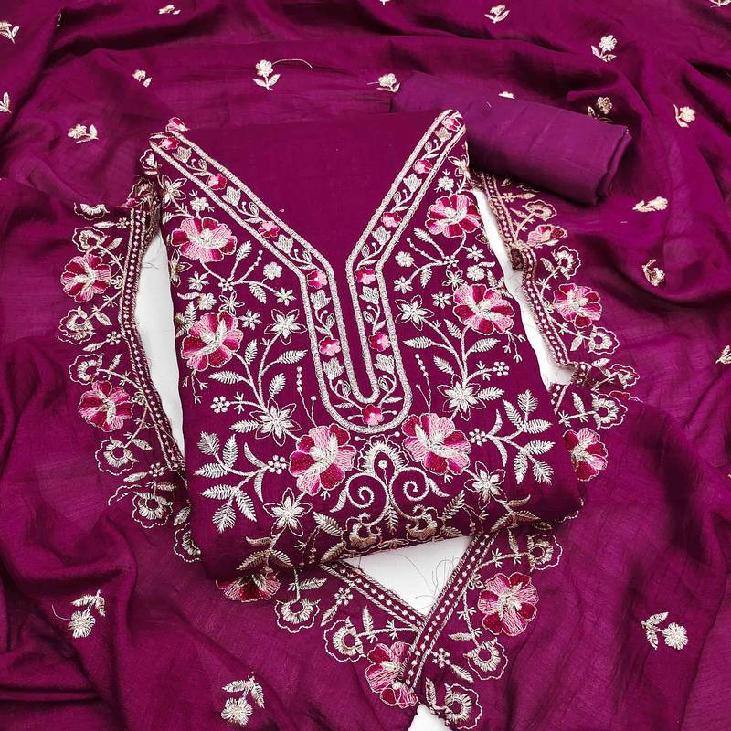 purple silk blend embroidered unstitched dressmaterials 3 pair top bottom dupptaa
