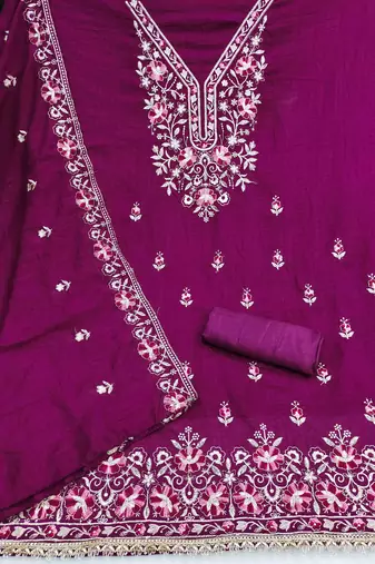 purple silk blend embroidered unstitched dressmaterials 3 pair top bottom dupptaa