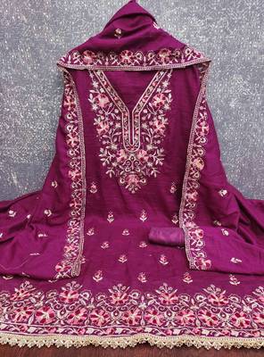 purple silk blend embroidered unstitched dressmaterials 3 pair top bottom dupptaa 3