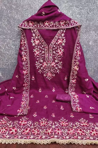 purple silk blend embroidered unstitched dressmaterials 3 pair top bottom dupptaa