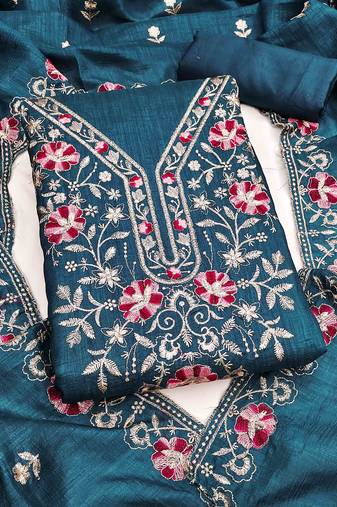 indigo silk blend embroidered unstitched dressmaterials 3 pair top bottom dupptaa