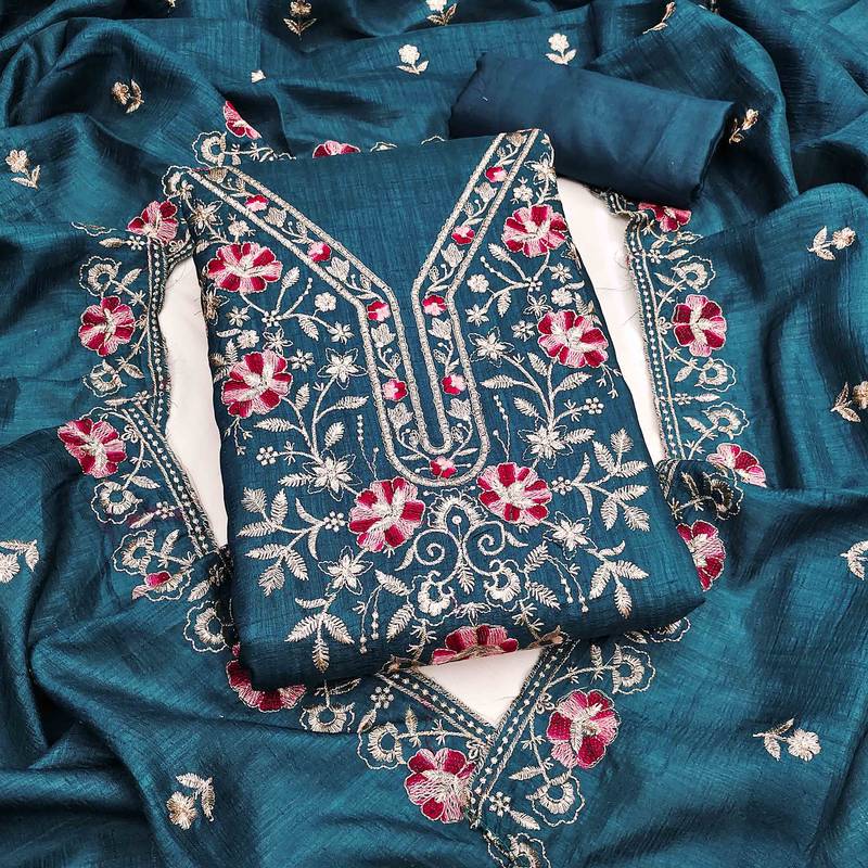 indigo silk blend embroidered unstitched dressmaterials 3 pair top bottom dupptaa