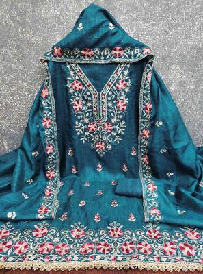 indigo silk blend embroidered unstitched dressmaterials 3 pair top bottom dupptaa 2