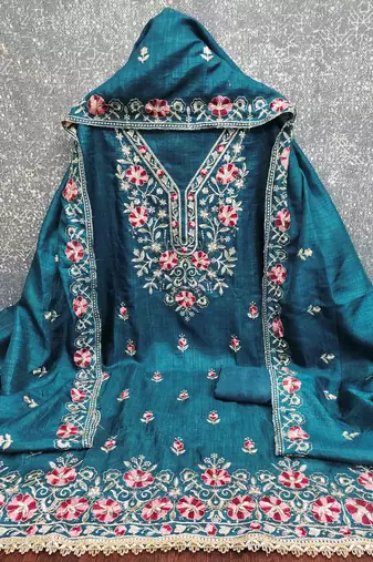 indigo silk blend embroidered unstitched dressmaterials 3 pair top bottom dupptaa