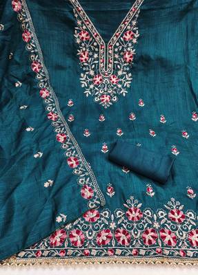indigo silk blend embroidered unstitched dressmaterials 3 pair top bottom dupptaa 3