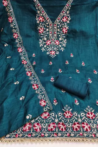 indigo silk blend embroidered unstitched dressmaterials 3 pair top bottom dupptaa