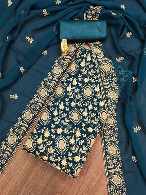 aqua georgette embroidered unstitched dressmaterials 3 pair top bottom dupptaa 1