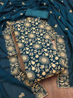 aqua georgette embroidered unstitched dressmaterials 3 pair top bottom dupptaa 2