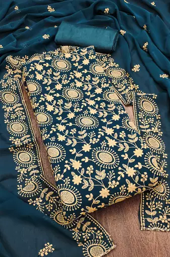 aqua georgette embroidered unstitched dressmaterials 3 pair top bottom dupptaa