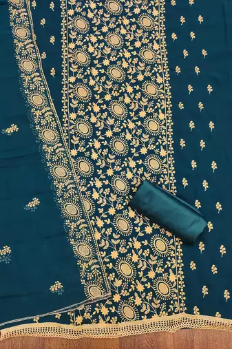 aqua georgette embroidered unstitched dressmaterials 3 pair top bottom dupptaa