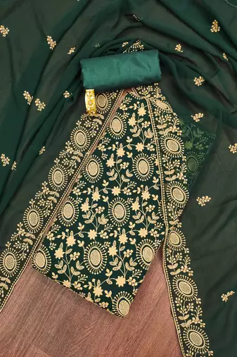 green georgette embroidered unstitched dressmaterials 3 pair top bottom dupptaa