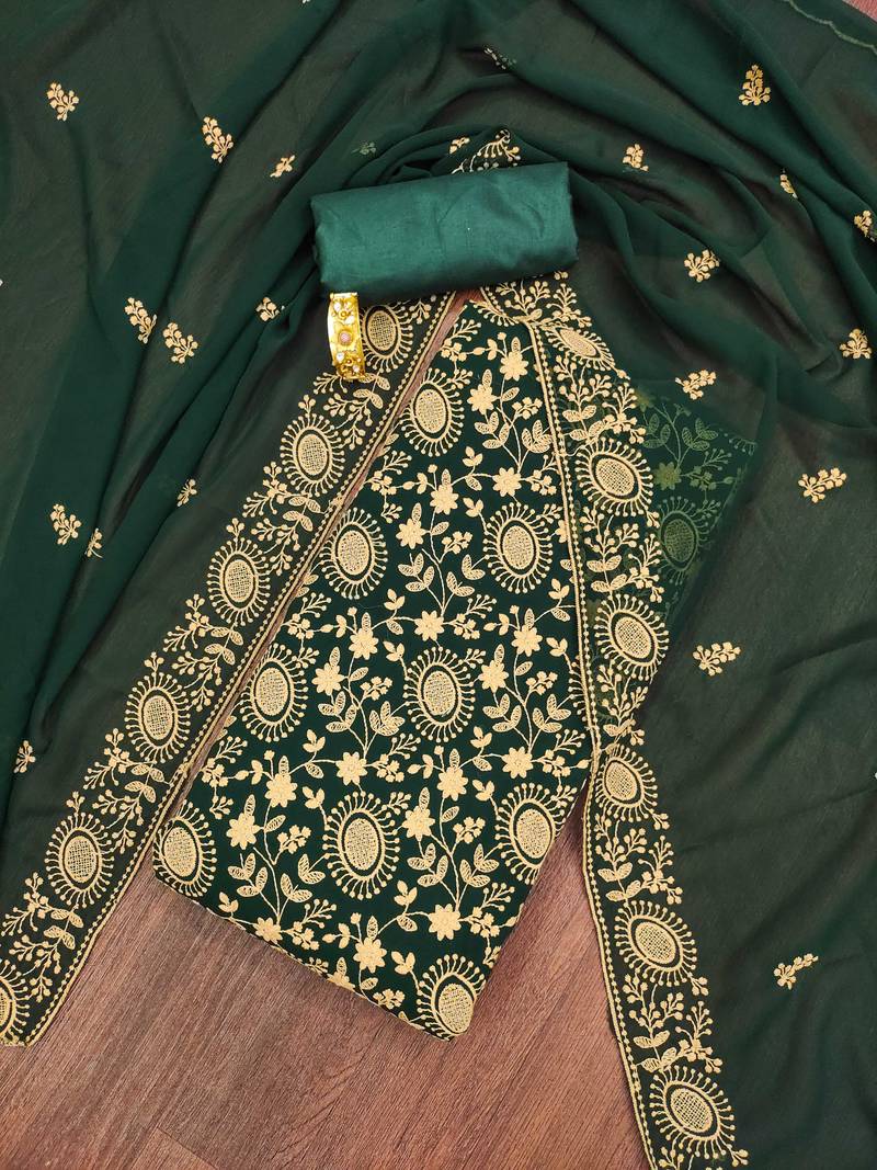 green georgette embroidered unstitched dressmaterials 3 pair top bottom dupptaa