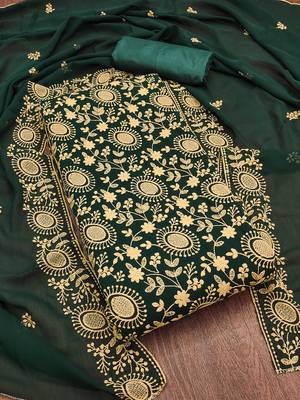 green georgette embroidered unstitched dressmaterials 3 pair top bottom dupptaa 2