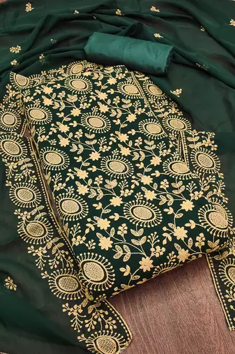 green georgette embroidered unstitched dressmaterials 3 pair top bottom dupptaa