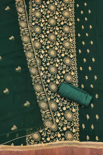 green georgette embroidered unstitched dressmaterials 3 pair top bottom dupptaa
