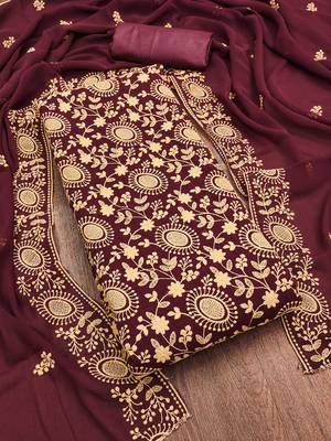 maroon georgette embroidered unstitched dressmaterials 3 pair top bottom dupptaa 1